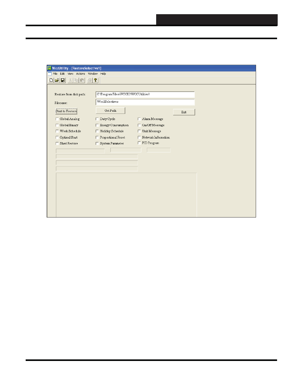 Wccutility.exe screens, Restore selectives, Restore selectives screen | WattMaster WCC III part 6 User Manual | Page 31 / 44