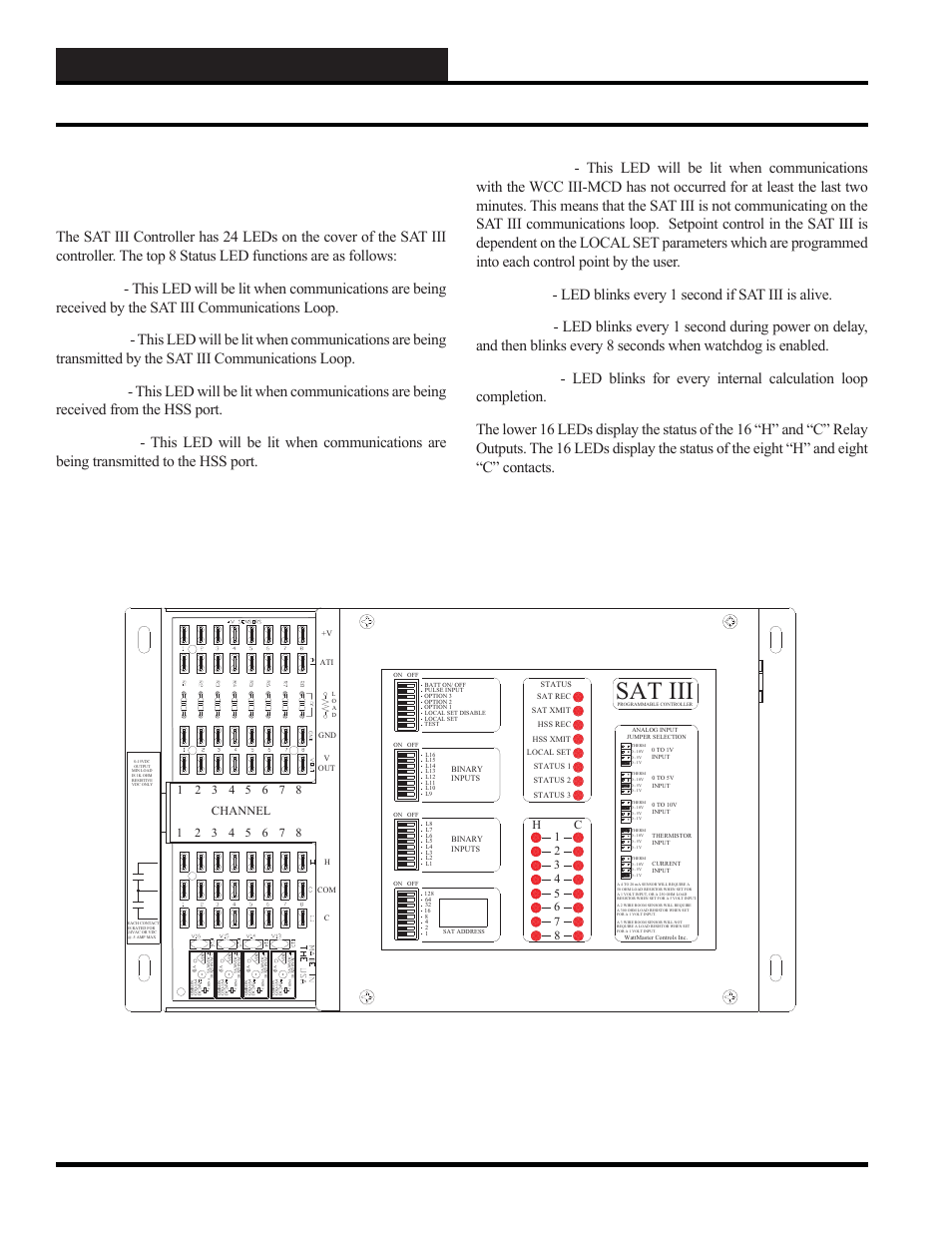 Sat iii, Sat iii led descriptions, Wcc iii technical guide 12-16 | Led blinks every 1 second if sat iii is alive, Sat rec, Sat xmit, Hss rec, Hss xmit, Local set, Status 1 | WattMaster WCC III part 12 User Manual | Page 18 / 88