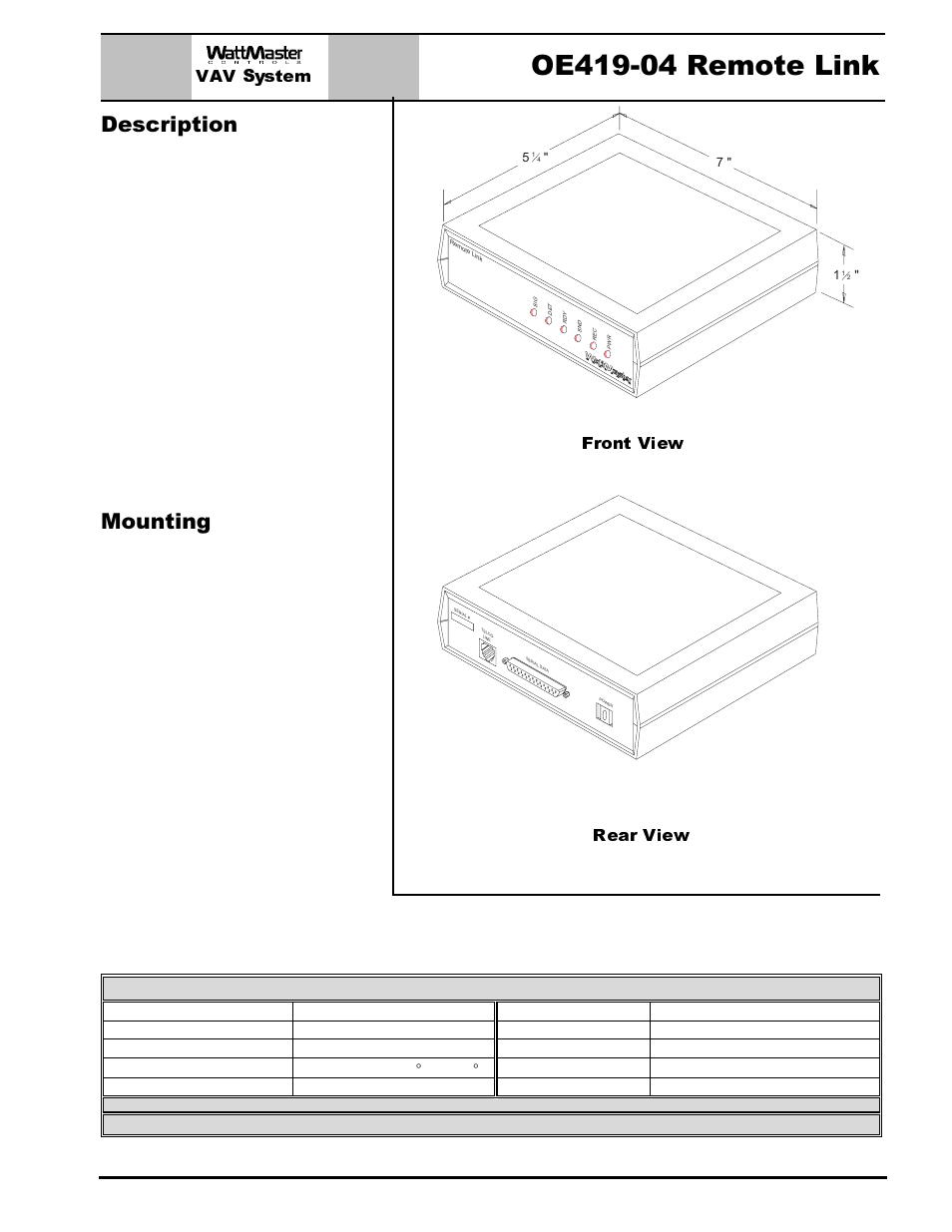 Vav system, Rear view, Front view | Description, Mounting, Technical data | WattMaster MG331-21-VAVCAV User Manual | Page 18 / 45