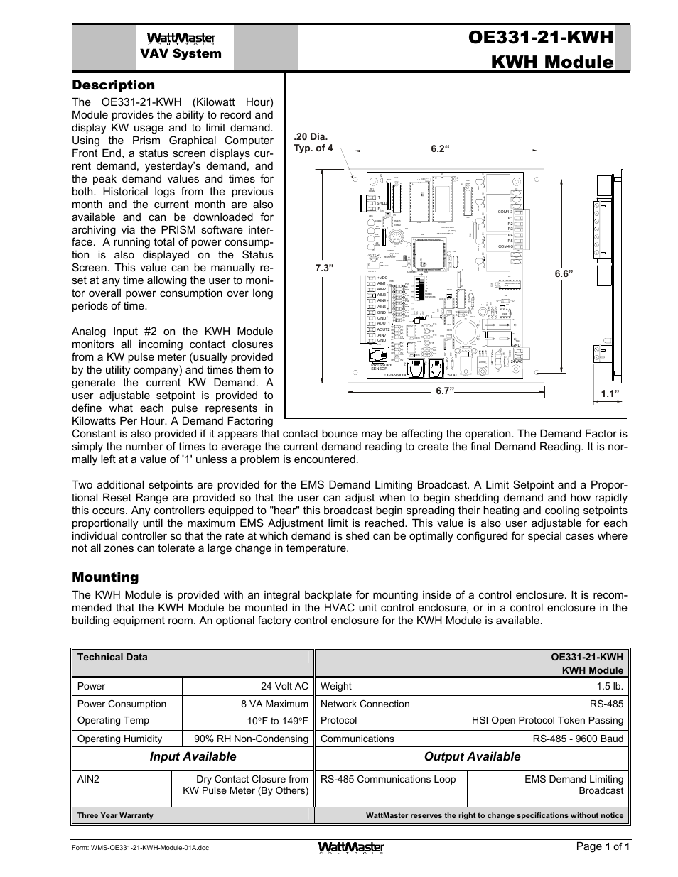 Description, Mounting, Vav system | Input available, Output available, Page, 1 of 1 | WattMaster MG331-21-VAVCAV User Manual | Page 25 / 45