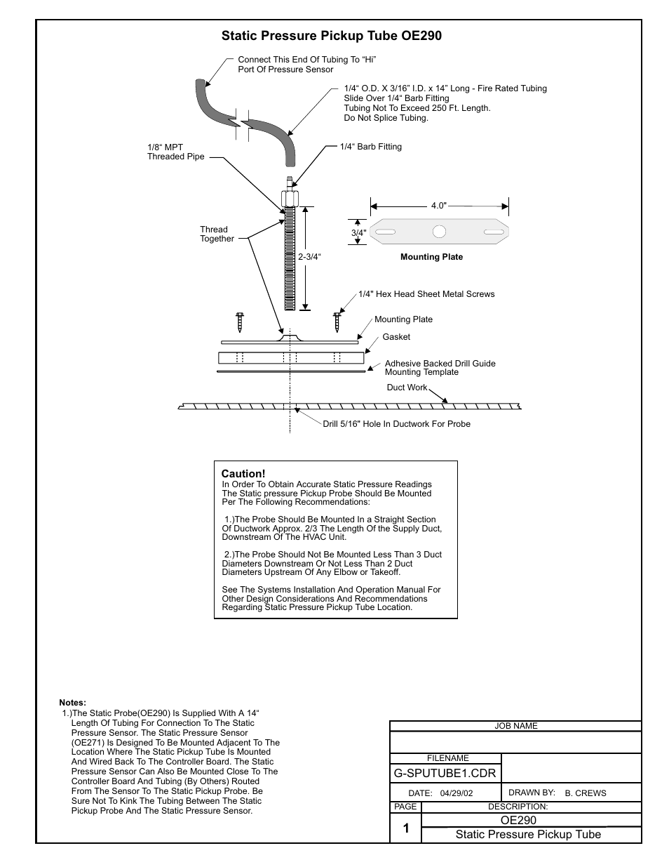 Static pressure pickup tube oe290, Static pressure pickup tube, G-sputube1.cdr oe290 | WattMaster MG331-21-VAVCAV User Manual | Page 37 / 45