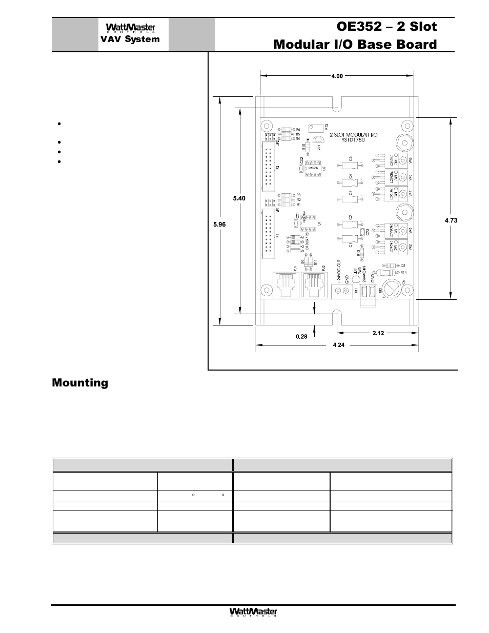 Vav system, Oe352 – 2 slot modular i/o base board, Description | Mounting | WattMaster MG331-21-VAVCAV User Manual | Page 4 / 45