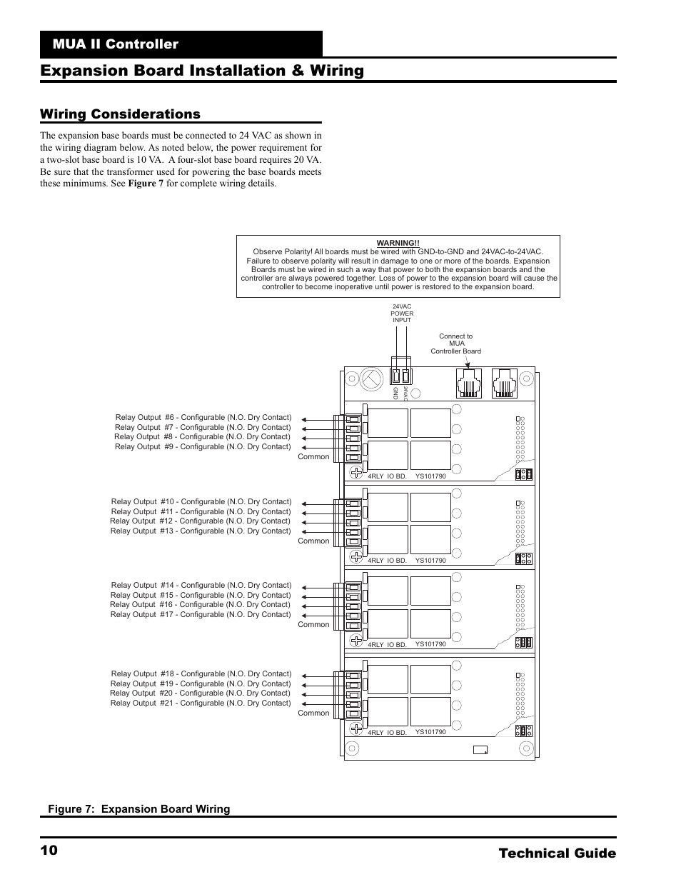 Expansion board installation & wiring, Mua ii controller technical guide 10, Wiring considerations | Figure 7: expansion board wiring | WattMaster MUA II User Manual | Page 10 / 28