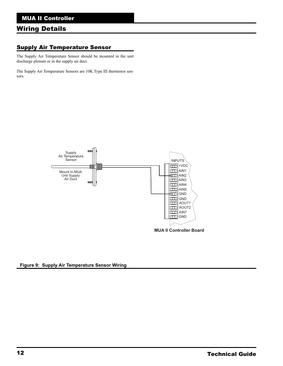 Wiring details, Mua ii controller technical guide 12, Supply air temperature sensor | WattMaster MUA II User Manual | Page 12 / 28