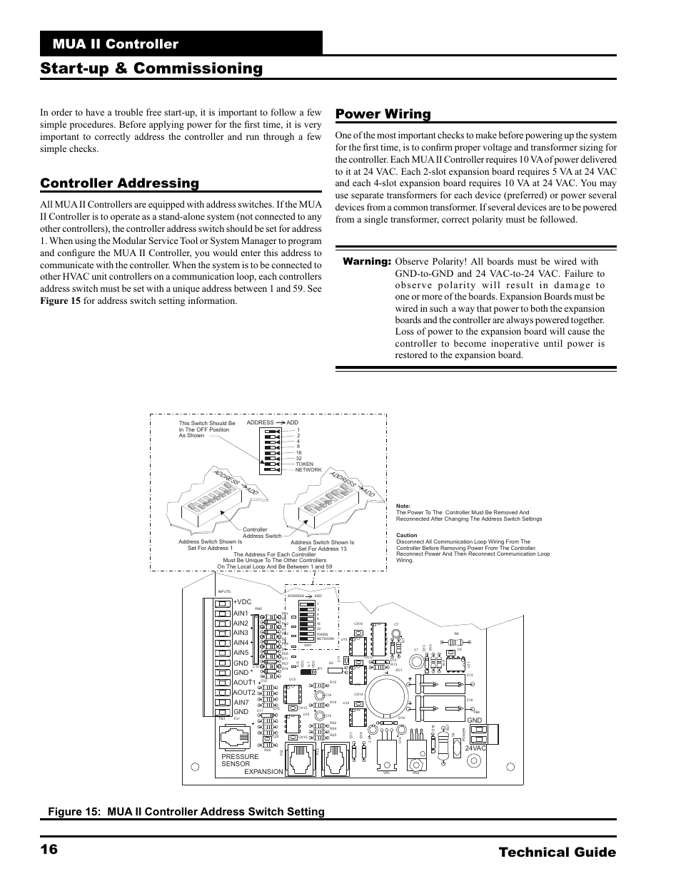 Start-up & commissioning, Mua ii controller technical guide 16, Controller addressing | Power wiring | WattMaster MUA II User Manual | Page 16 / 28