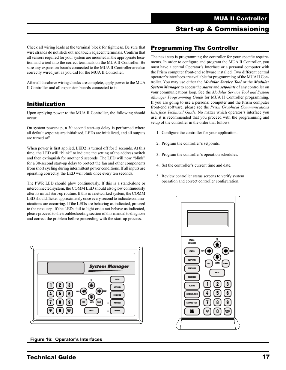 Start-up & commissioning, Technical guide mua ii controller 17, Initialization | Programming the controller | WattMaster MUA II User Manual | Page 17 / 28