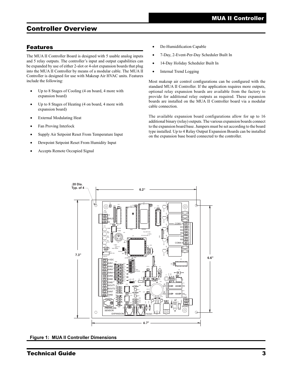 Controller overview, Technical guide 3 mua ii controller features, Figure 1: mua ii controller dimensions | WattMaster MUA II User Manual | Page 3 / 28