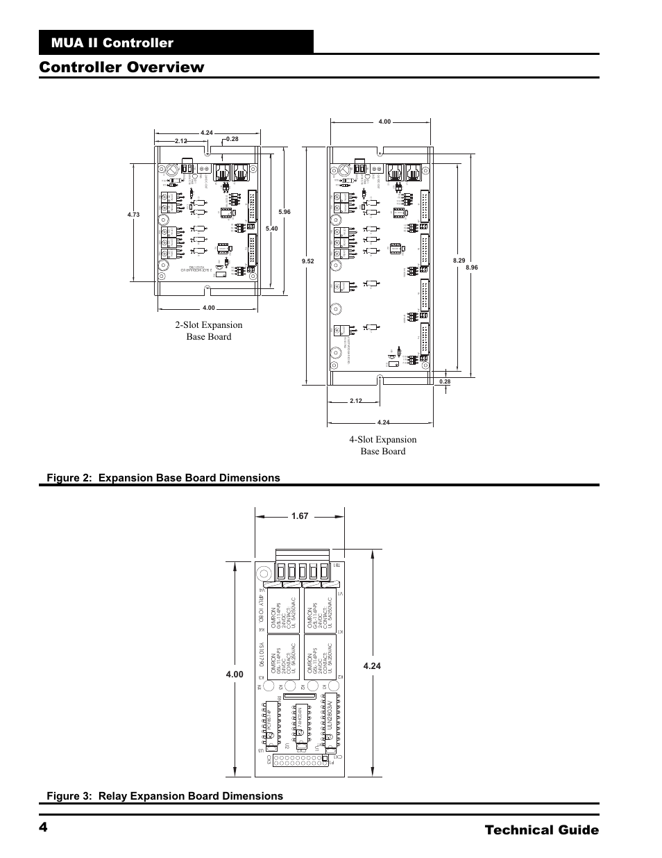 Controller overview, Mua ii controller technical guide 4, Figure 3: relay expansion board dimensions | Figure 2: expansion base board dimensions, Philips | WattMaster MUA II User Manual | Page 4 / 28