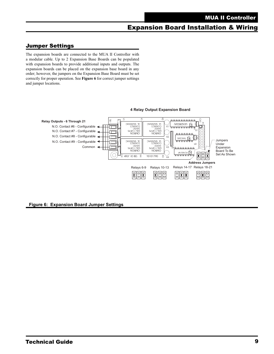 Expansion board installation & wiring, Technical guide mua ii controller 9, Jumper settings | Figure 6: expansion board jumper settings, 4 relay output expansion board | WattMaster MUA II User Manual | Page 9 / 28