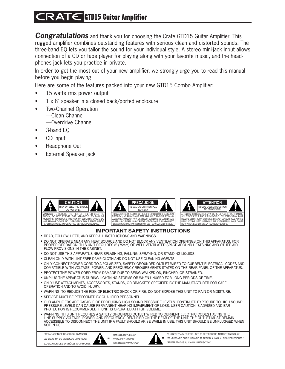 Gtd15 guitar amplifier | Crate Amplifiers GTD15 User Manual | Page 2 / 4