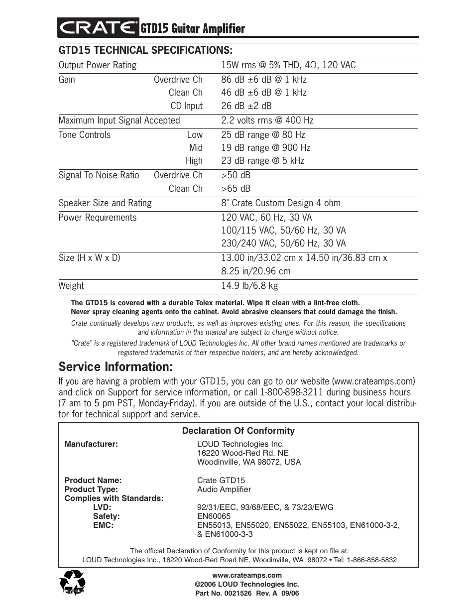 Gtd15 guitar amplifier, Service information | Crate Amplifiers GTD15 User Manual | Page 4 / 4