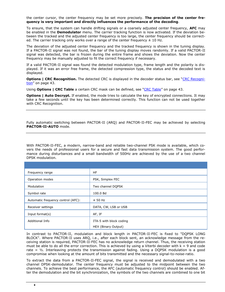 Pactor-ii-auto, Pactor-ii-fec | Wavecom W-SPECTRA (Automatic Monitoring System) V1.1.0 User Manual | Page 158 / 292