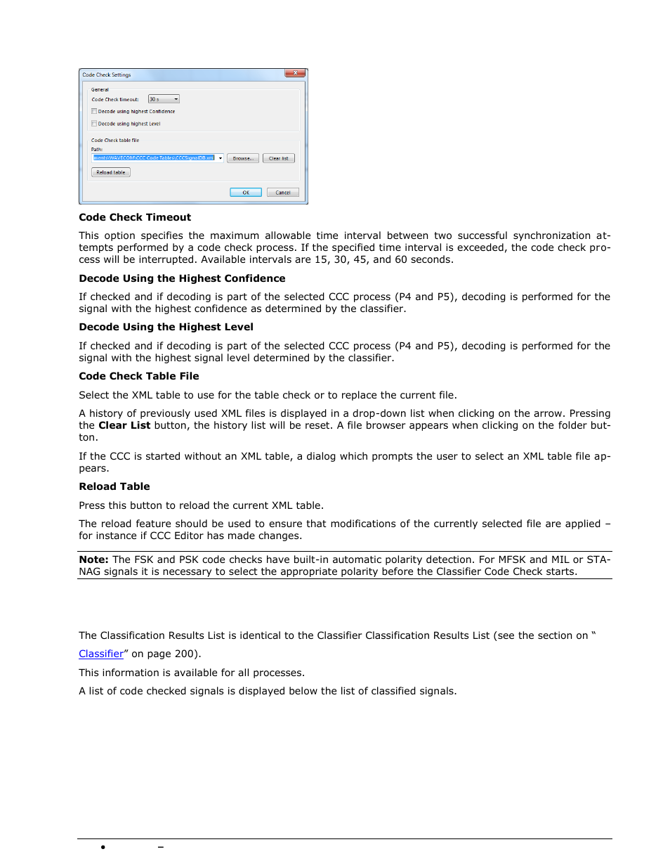 Code check settings, Classification results list | Wavecom W-SPECTRA (Automatic Monitoring System) V1.1.0 User Manual | Page 220 / 292