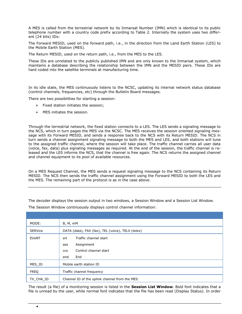 Mes identification, Session signaling, Sat operation | Fixed station initiated session, Mes initiated session | Wavecom W-SPECTRA (Automatic Monitoring System) V1.1.0 User Manual | Page 232 / 292