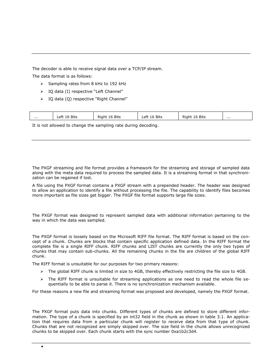 Wavecom data formats, Ip-conf tcp/ip data format, Ip-pxgf tcp/ip data format | Overview, Pxgf description, The pxgf chunk structure | Wavecom W-SPECTRA (Automatic Monitoring System) V1.1.0 User Manual | Page 250 / 292