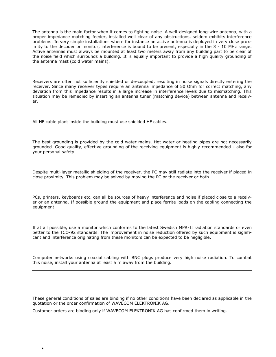 Antenna installation, Receiver, Hf cabling | Grounding, Location of decoder, Pcs and peripherals, Video monitor, Conditions of sale, General | Wavecom W-SPECTRA (Automatic Monitoring System) V1.1.0 User Manual | Page 274 / 292