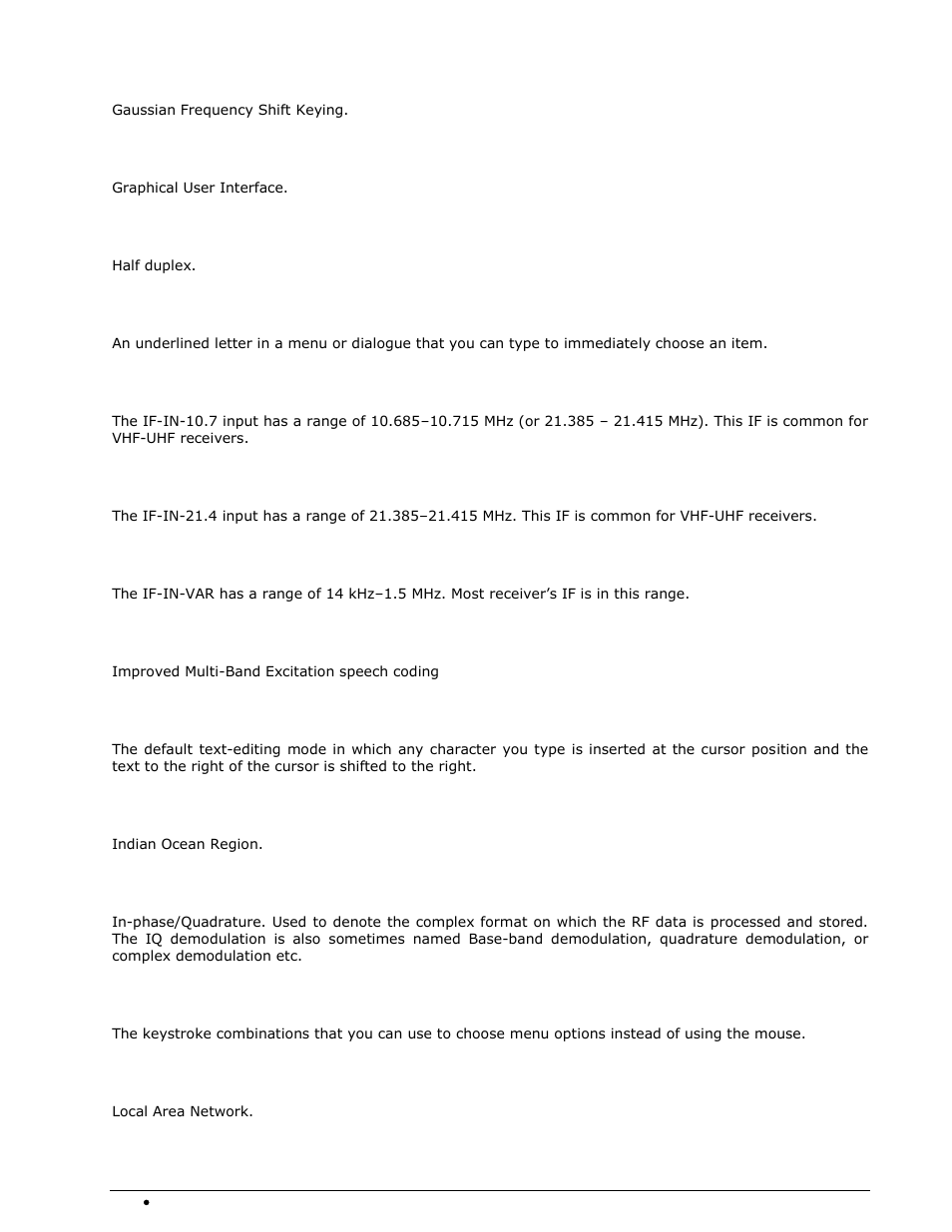 Gfsk, Hot key, If-in-10.7 | If-in-21.4, If-in-var, Imbe, Insert mode, Keyboard shortcuts | Wavecom W-SPECTRA (Automatic Monitoring System) V1.1.0 User Manual | Page 282 / 292