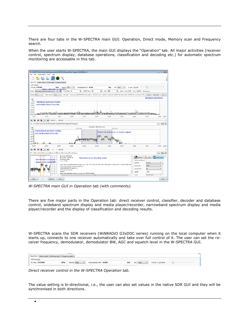 The operation tab, Direct receiver control | Wavecom W-SPECTRA (Automatic Monitoring System) V1.1.0 User Manual | Page 34 / 292