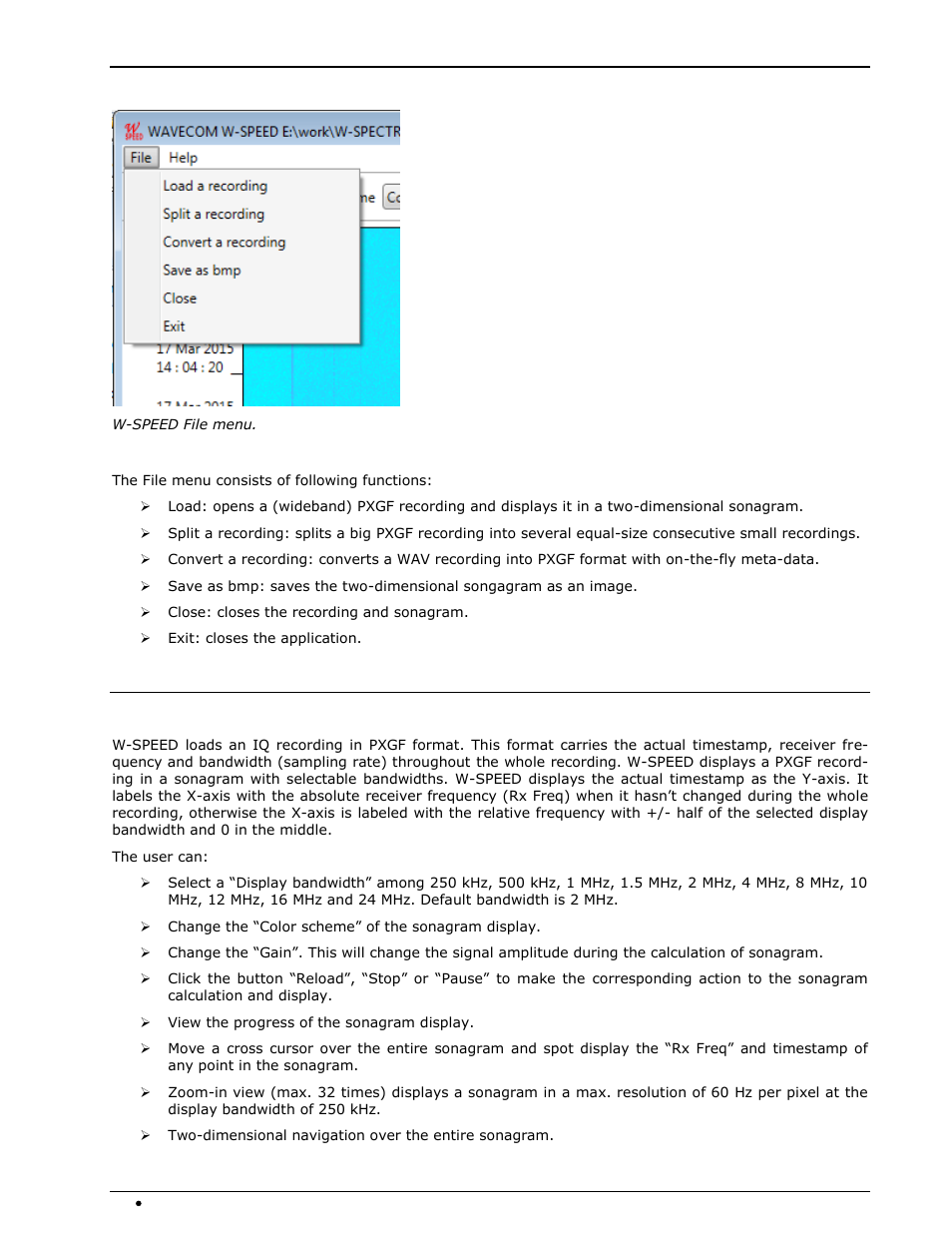 File menu, Sonagram in different bandwidths | Wavecom W-SPECTRA (Automatic Monitoring System) V1.1.0 User Manual | Page 48 / 292