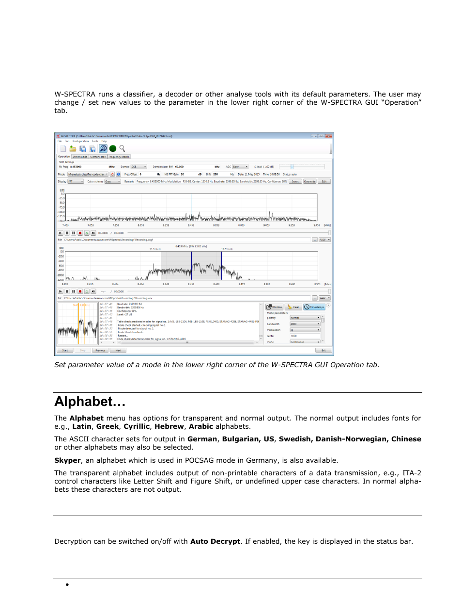 Parameters and options, Alphabet, Auto decrypt | Wavecom W-SPECTRA (Automatic Monitoring System) V1.1.0 User Manual | Page 52 / 292