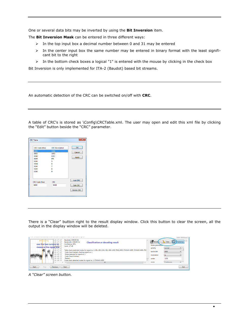 Bit inversion mask, Crc recognition, Crc table | Clear screen | Wavecom W-SPECTRA (Automatic Monitoring System) V1.1.0 User Manual | Page 53 / 292