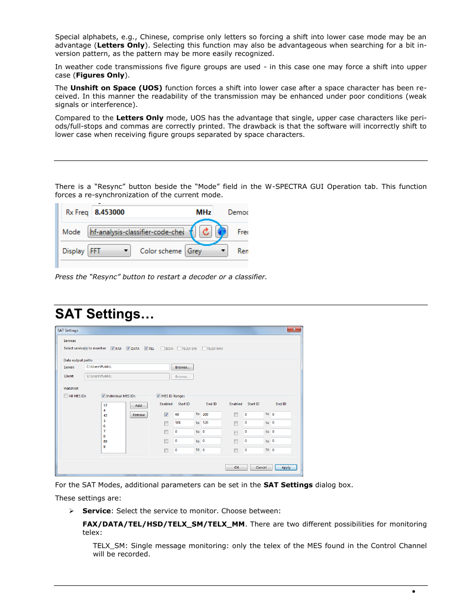 Resync mode, Sat settings | Wavecom W-SPECTRA (Automatic Monitoring System) V1.1.0 User Manual | Page 55 / 292