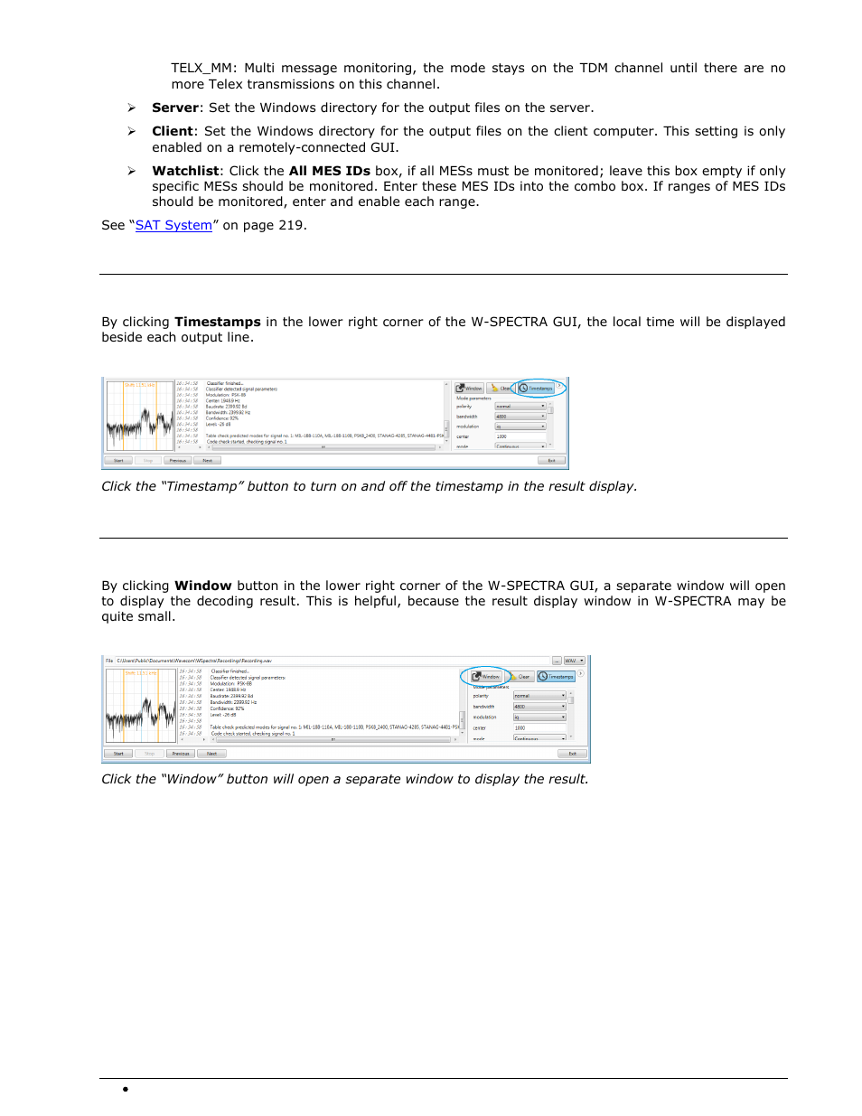 Timestamp, Display results in a separate window | Wavecom W-SPECTRA (Automatic Monitoring System) V1.1.0 User Manual | Page 56 / 292