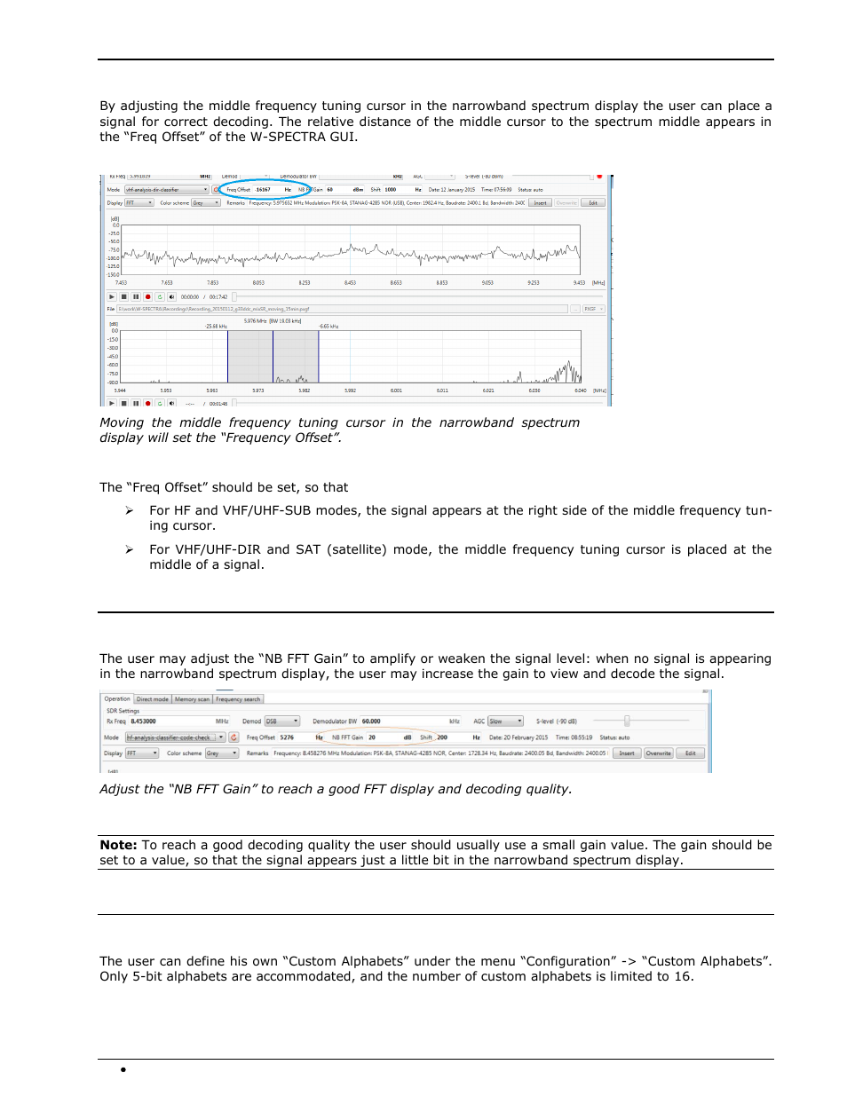 Frequency offset, Nb fft gain, Custom alphabets | Wavecom W-SPECTRA (Automatic Monitoring System) V1.1.0 User Manual | Page 60 / 292