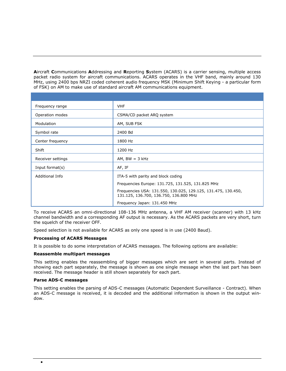 Transmission modes, Acars | Wavecom W-SPECTRA (Automatic Monitoring System) V1.1.0 User Manual | Page 64 / 292