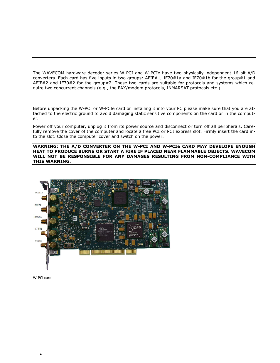 Setup, W-pci/w-pcie, W-pci/w-pcie hardware installation | Wavecom W74PC V8.7.0 User Manual | Page 20 / 373