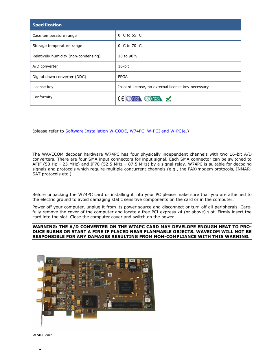 W-pci/w-pcie software installation, W74pc, W74pc hardware installation | Wavecom W74PC V8.7.0 User Manual | Page 22 / 373