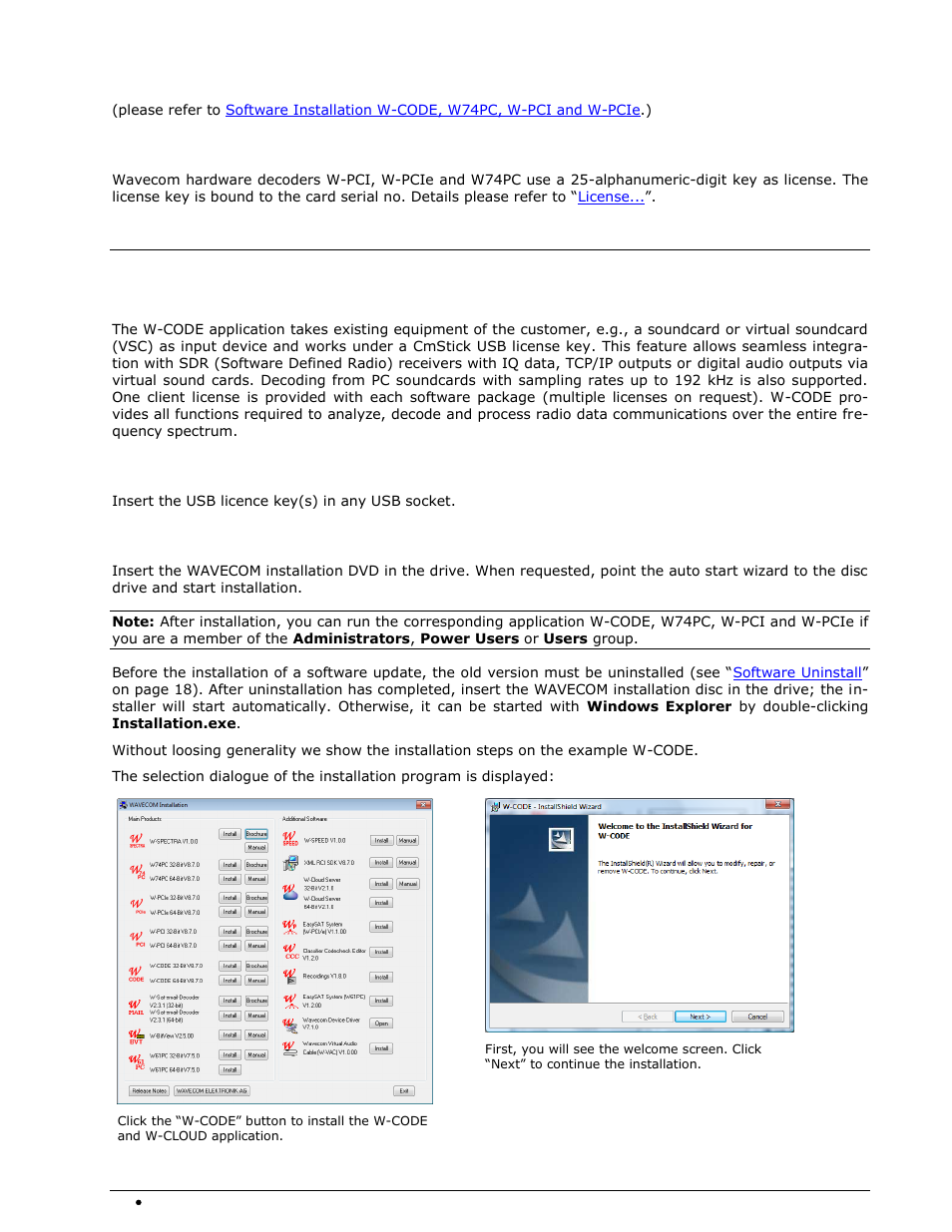 W74pc software installation, Wavecom hardware decoder license, W-code | W-code hardware installation | Wavecom W74PC V8.7.0 User Manual | Page 24 / 373