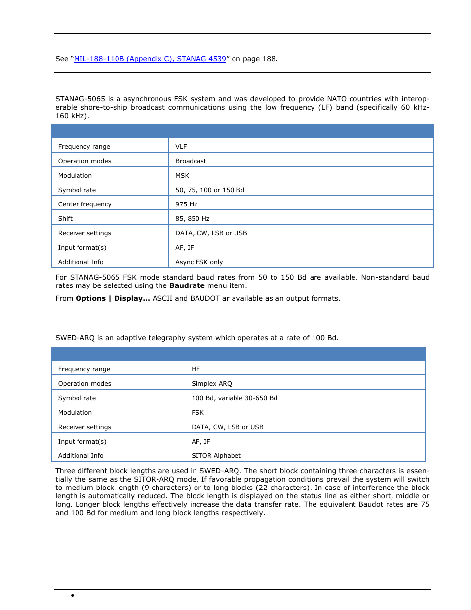 Stanag-4539, Stanag-5065-fsk, Swed-arq | Wavecom W74PC V8.7.0 User Manual | Page 260 / 373