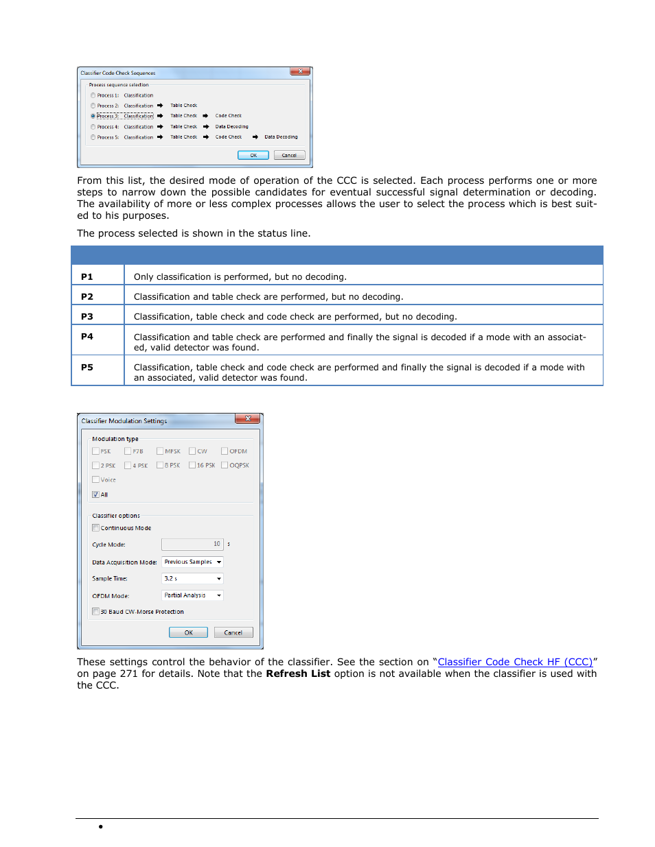 Classifier code check sequences, Classifier modulation settings | Wavecom W74PC V8.7.0 User Manual | Page 284 / 373