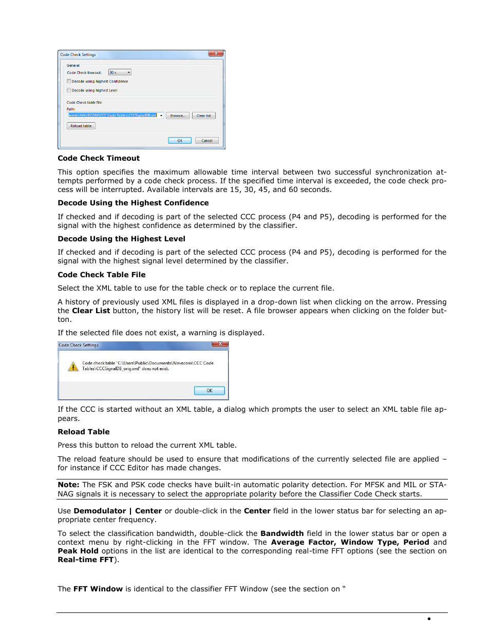 Code check settings, Fft window | Wavecom W74PC V8.7.0 User Manual | Page 285 / 373