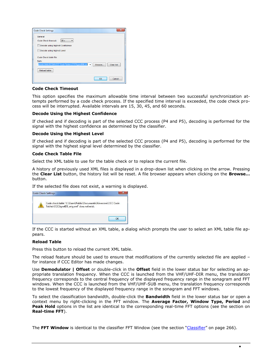 Code check settings, Fft window | Wavecom W74PC V8.7.0 User Manual | Page 291 / 373