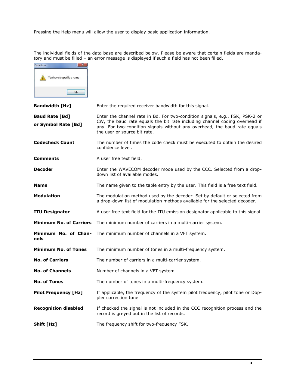 Data base fields, Help menu | Wavecom W74PC V8.7.0 User Manual | Page 299 / 373