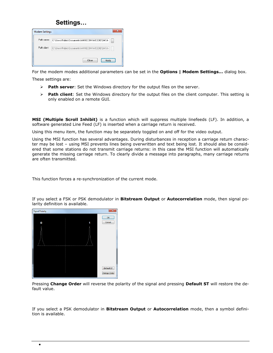 Modem settings, Resync mode, Signal polarity | Symbol definition | Wavecom W74PC V8.7.0 User Manual | Page 52 / 373