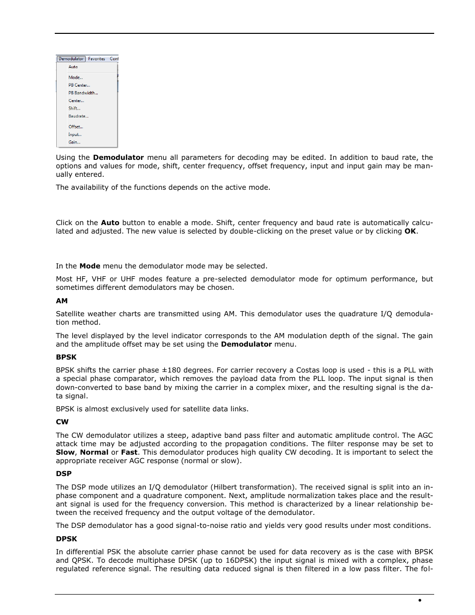 Demodulator menu, Auto, Mode | Wavecom W74PC V8.7.0 User Manual | Page 55 / 373