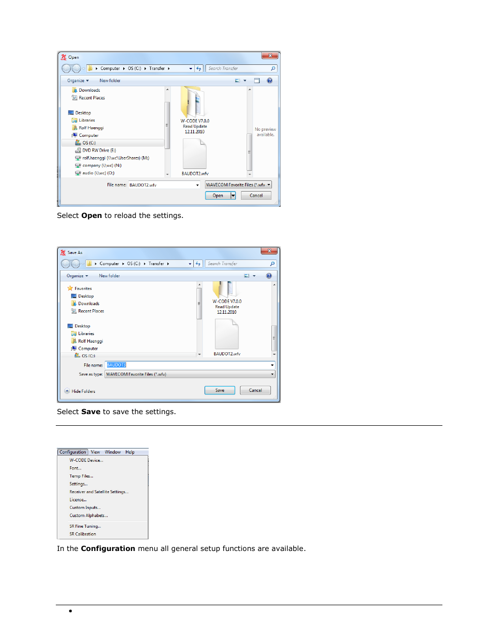 Open, Save as, Configuration menu | Wavecom W74PC V8.7.0 User Manual | Page 60 / 373