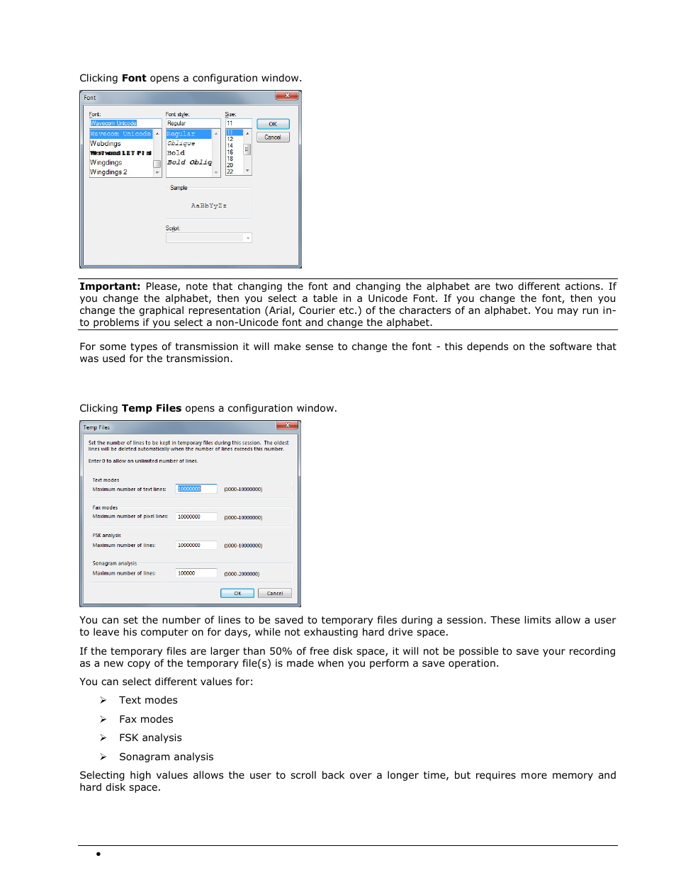 Font, Temp files | Wavecom W74PC V8.7.0 User Manual | Page 62 / 373