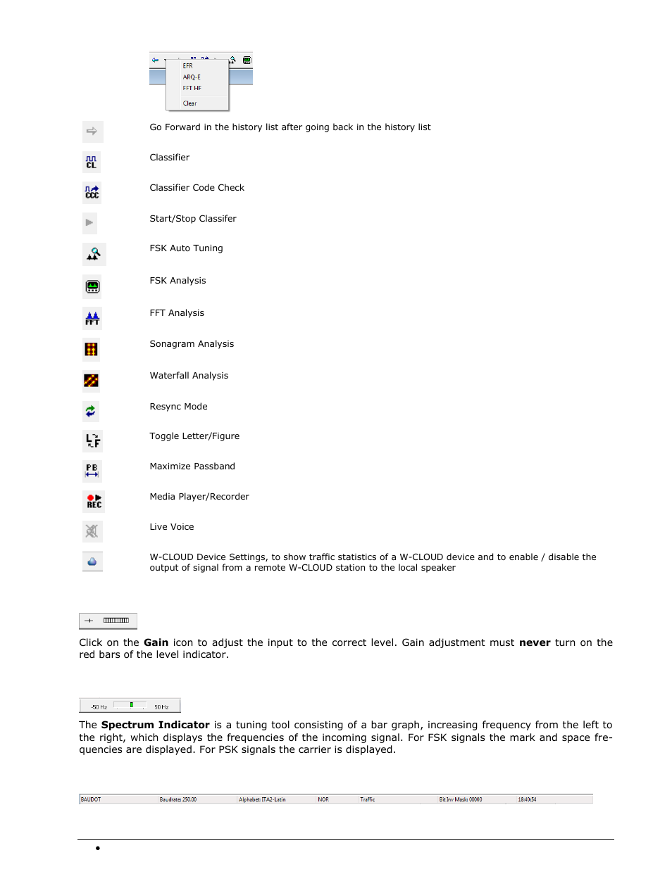 Level indicator, Spectrum indicator, Decoder status bar | Wavecom W74PC V8.7.0 User Manual | Page 78 / 373