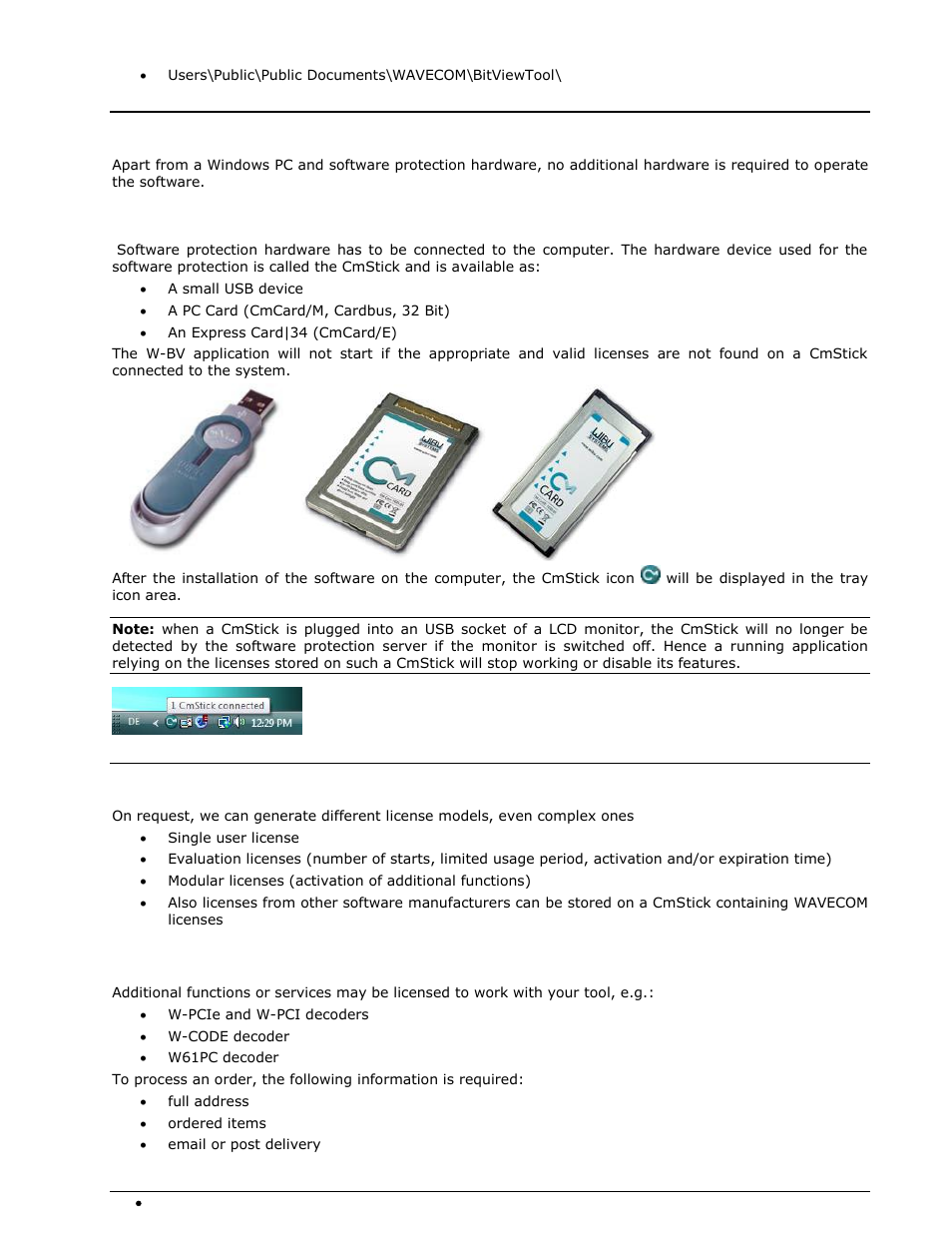 W-bv hardware installation, Cmstick, W-bv licensing | W-bv software options | Wavecom W-BitView V2.5.00 User Manual | Page 16 / 102