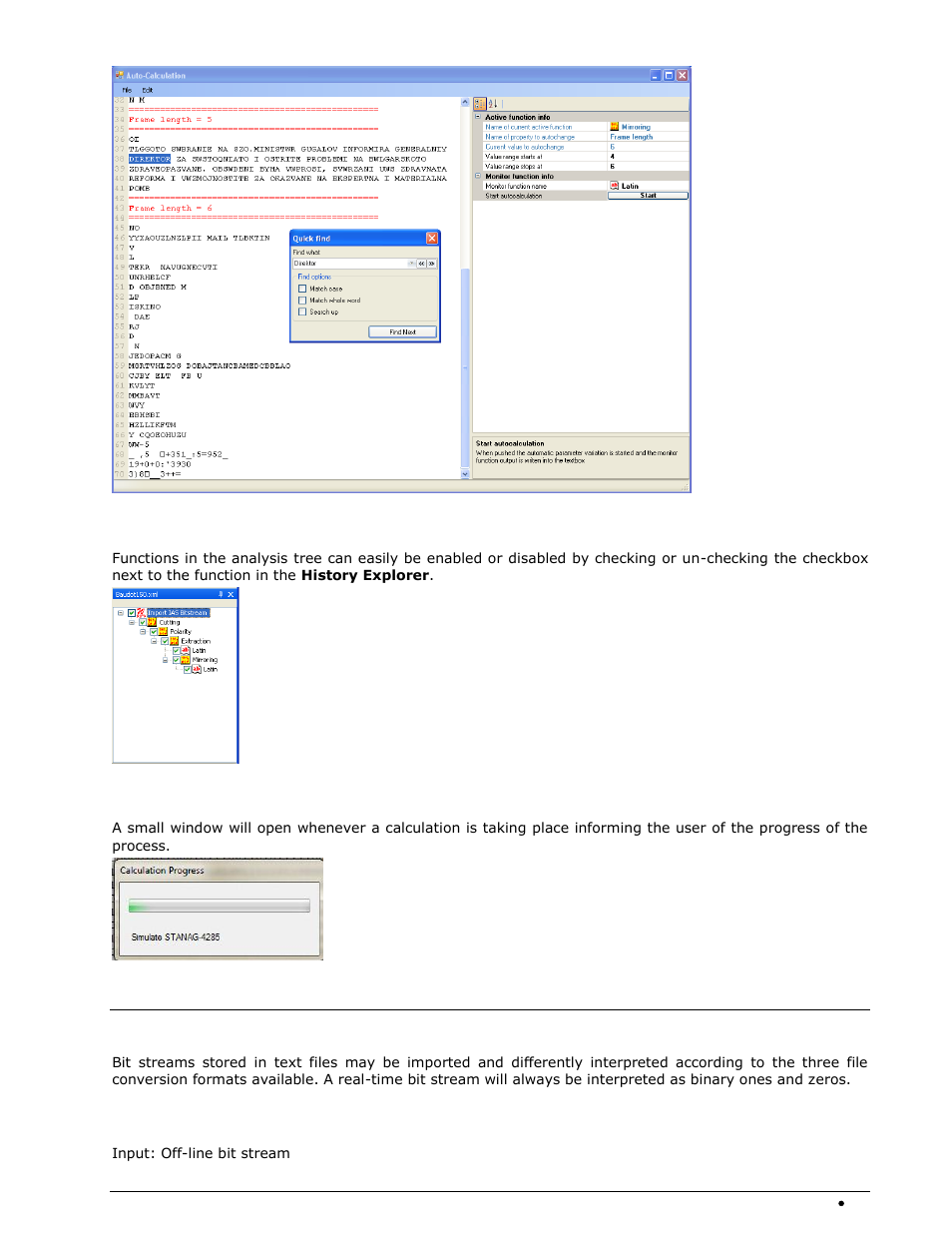 Enable or disable functions, Progress calculator, Source/sink | Import text data | Wavecom W-BitView V2.5.00 User Manual | Page 31 / 102