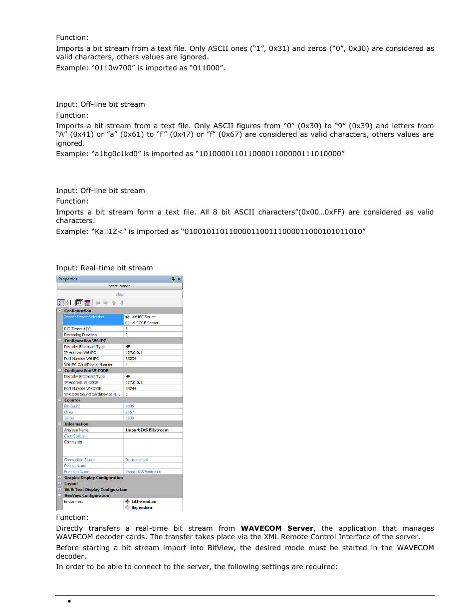 Import hex data, Import binary data, Import ias bitstream | Wavecom W-BitView V2.5.00 User Manual | Page 32 / 102