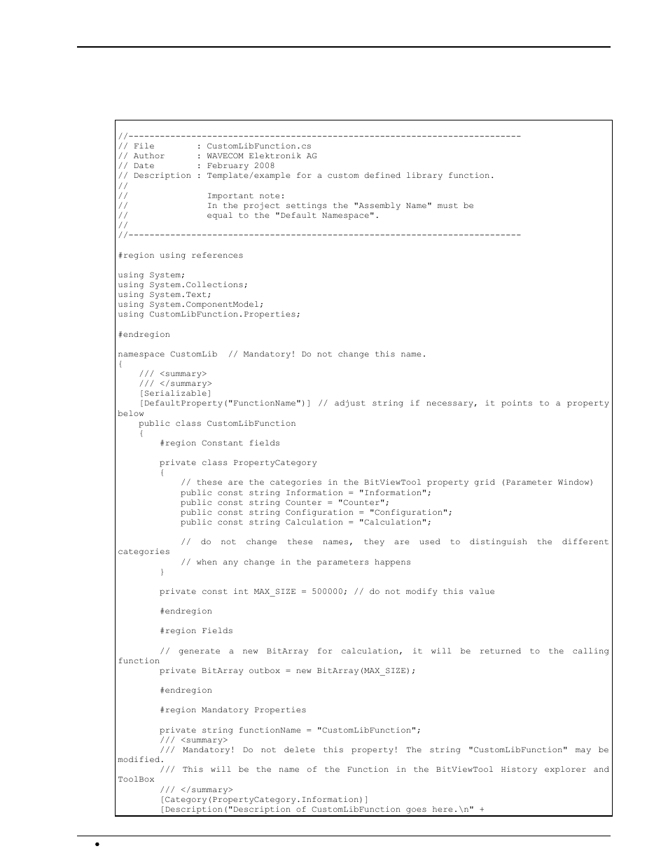 Source code template / example (c# .net), Customlibfunction.cs | Wavecom W-BitView V2.5.00 User Manual | Page 72 / 102