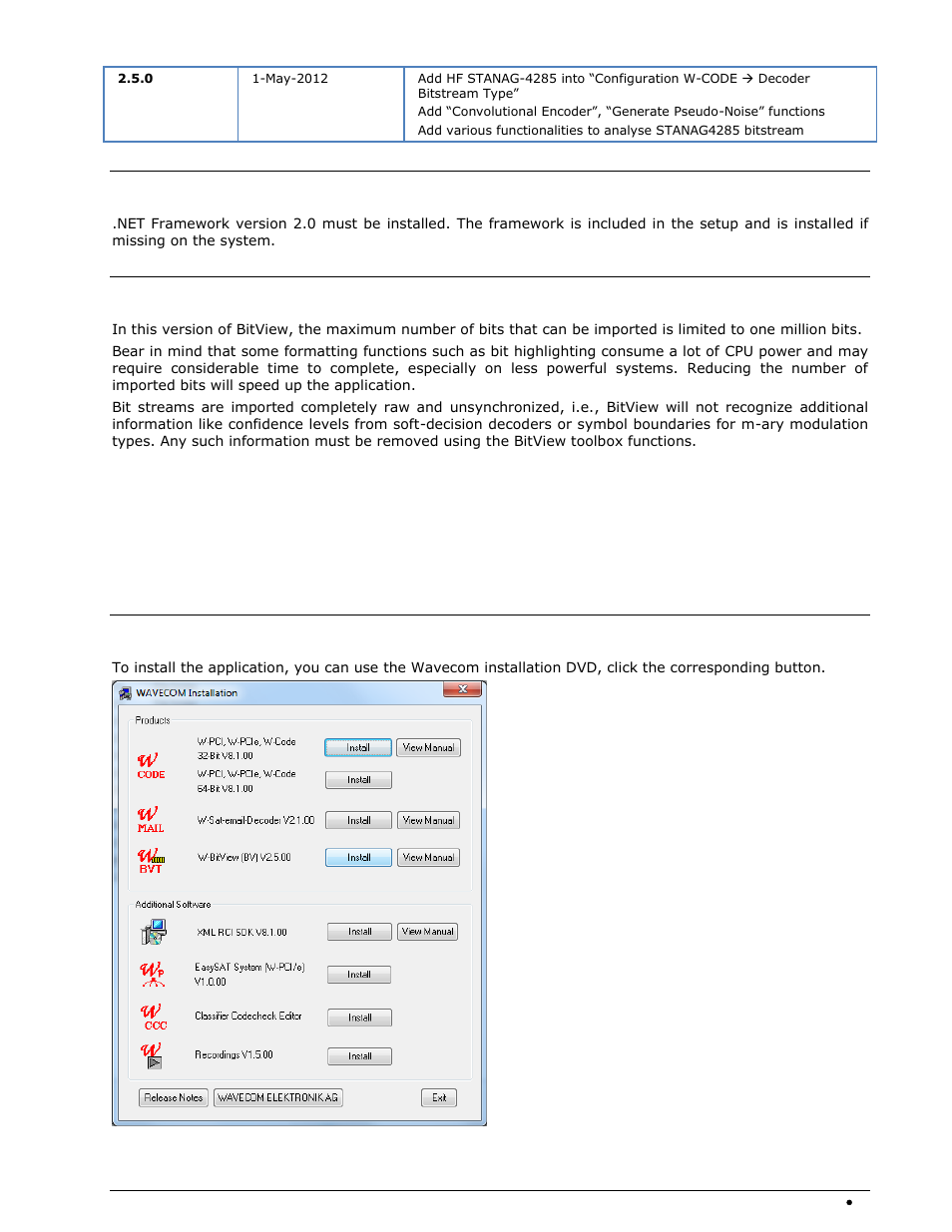 Requirements, Limitations, Installation | W-bv software installation | Wavecom W-BitView V2.5.00 User Manual | Page 9 / 102