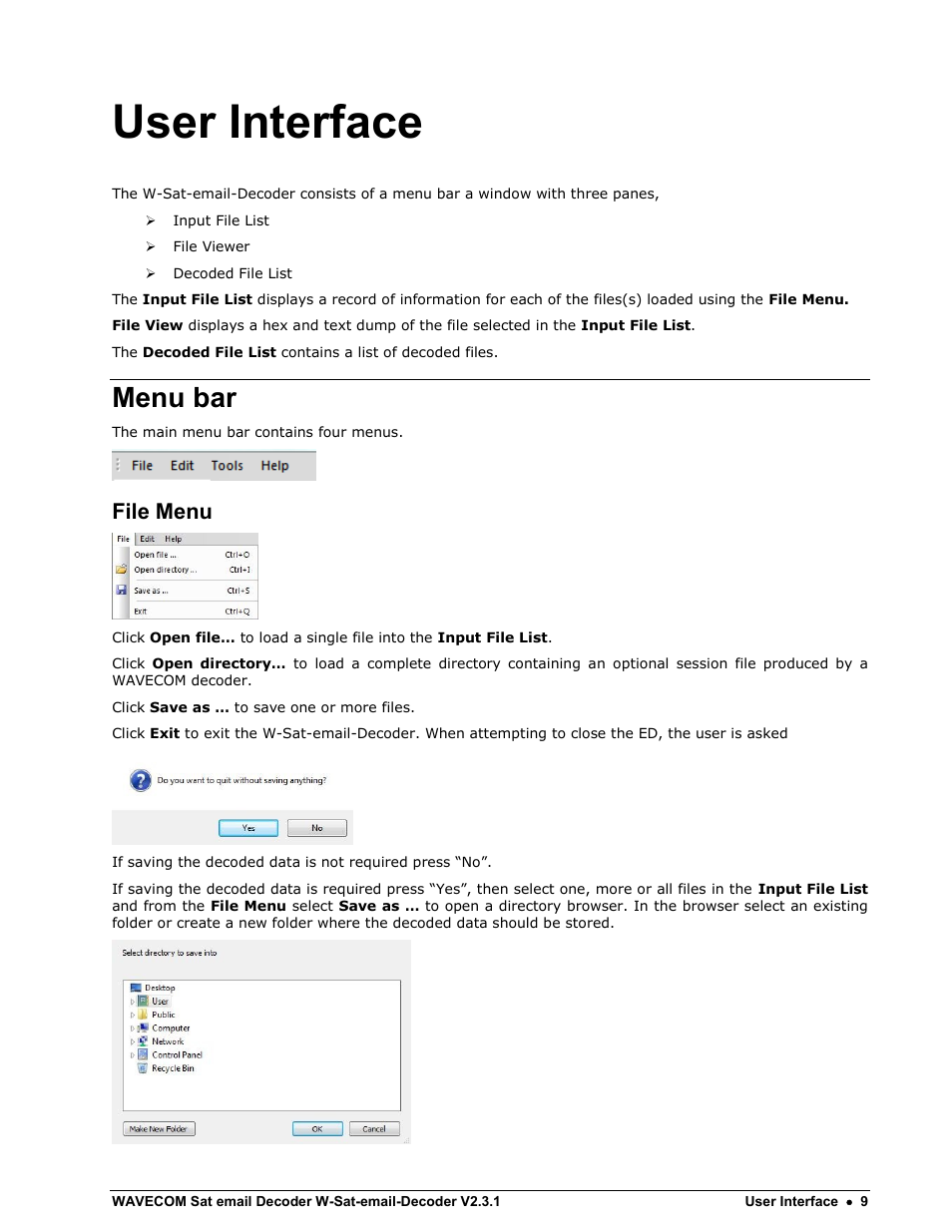 User interface, Menu bar, File menu | Wavecom W-Sat-email-Decoder V2.3.1 User Manual | Page 13 / 37