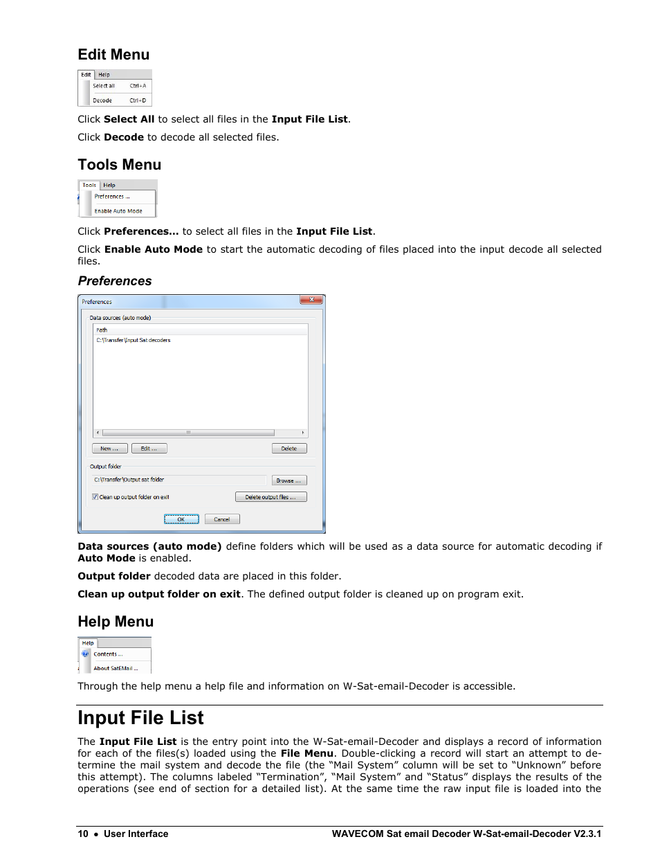 Edit menu, Tools menu, Help menu | Input file list | Wavecom W-Sat-email-Decoder V2.3.1 User Manual | Page 14 / 37