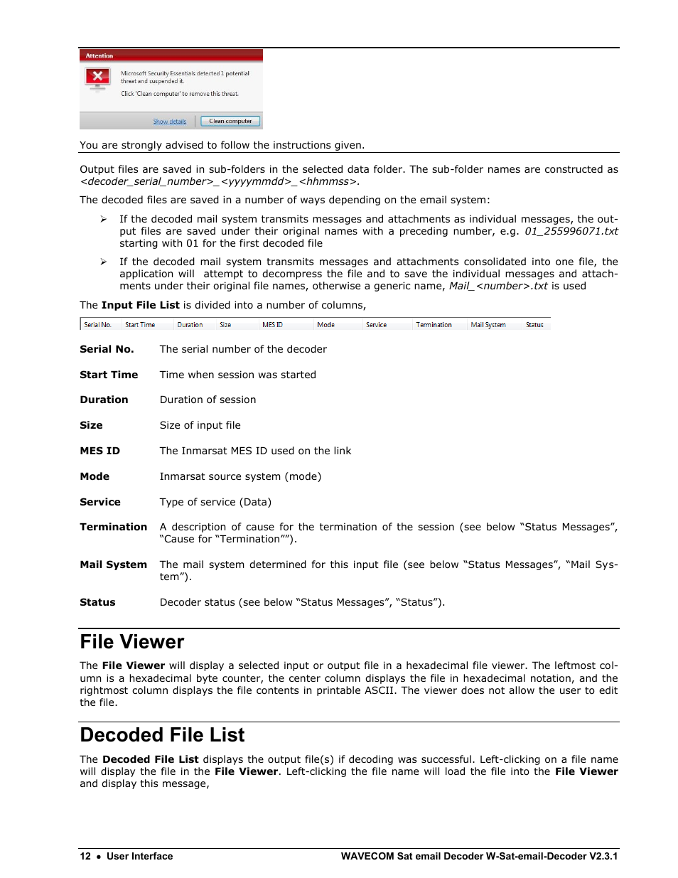File viewer, Decoded file list | Wavecom W-Sat-email-Decoder V2.3.1 User Manual | Page 16 / 37